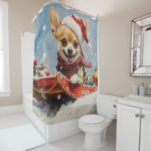 Chihuahua Hond in Sledge Laat het Sneeuw Kerstmis Douchegordijn