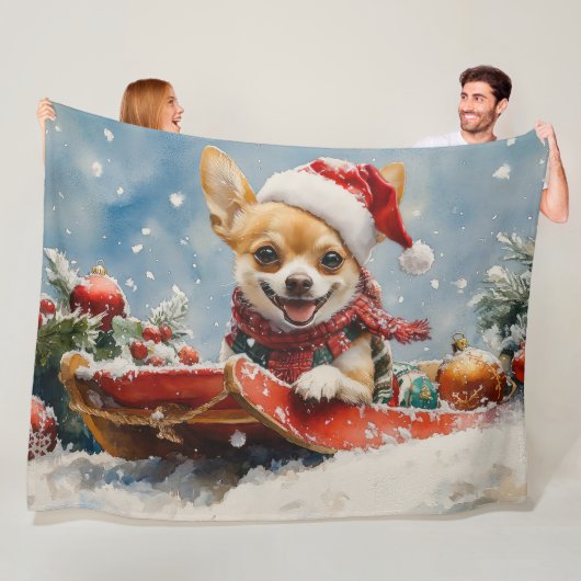 Chihuahua Hond in Sledge Laat het Sneeuw Kerstmis Fleece Deken (In situ)