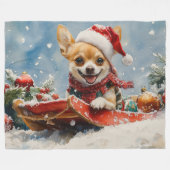 Chihuahua Hond in Sledge Laat het Sneeuw Kerstmis Fleece Deken (Voorkant (Horizontaal))