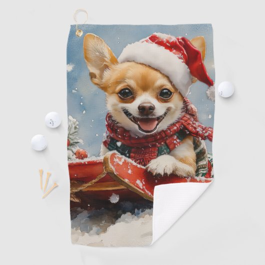 Chihuahua Hond in Sledge Laat het Sneeuw Kerstmis Golfhanddoek (Insitu)
