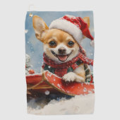 Chihuahua Hond in Sledge Laat het Sneeuw Kerstmis Golfhanddoek (Voorkant)