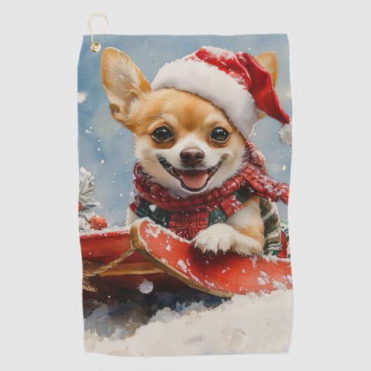 Chihuahua Hond in Sledge Laat het Sneeuw Kerstmis Golfhanddoek (Voorkant)