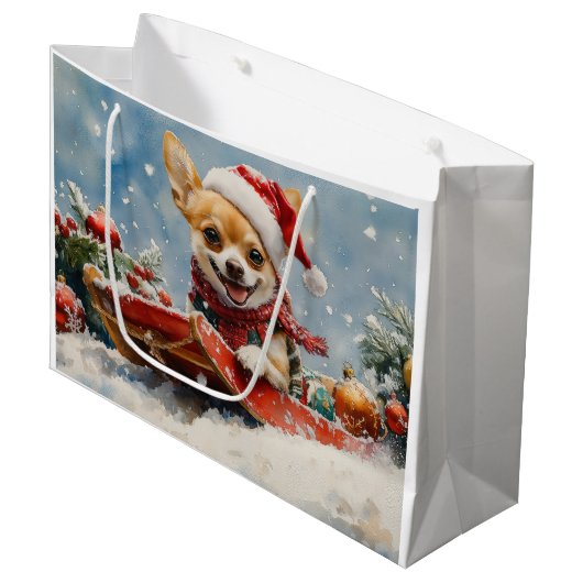 Chihuahua Hond in Sledge Laat het Sneeuw Kerstmis Groot Cadeauzakje (Voorkant Gekanteld)