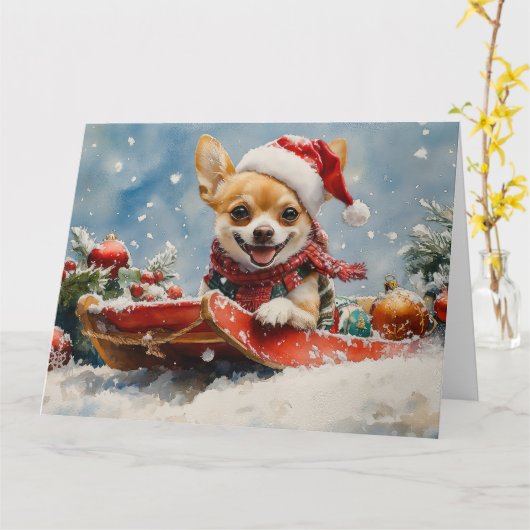 Chihuahua Hond in Sledge Laat het Sneeuw Kerstmis Kaart (Gele Bloem)