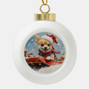 Chihuahua Hond in Sledge Laat het Sneeuw Kerstmis Keramische Bal Ornament