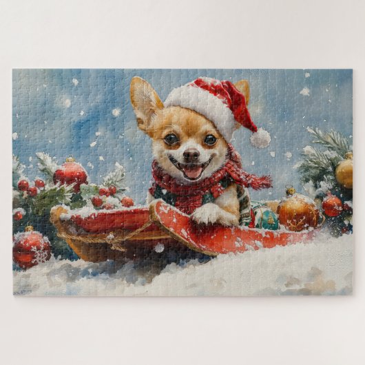Chihuahua Hond in Sledge Laat het Sneeuw Kerstmis Legpuzzel (Horizontaal)
