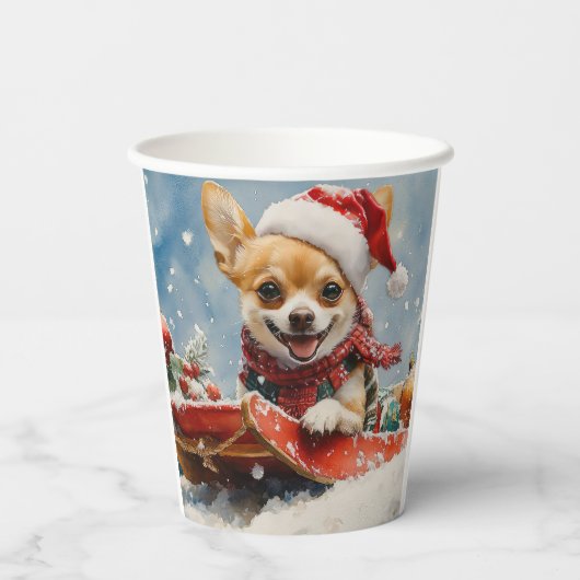 Chihuahua Hond in Sledge Laat het Sneeuw Kerstmis Papieren Bekers (Achterkant)