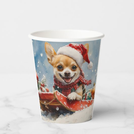 Chihuahua Hond in Sledge Laat het Sneeuw Kerstmis Papieren Bekers (Voorkant)