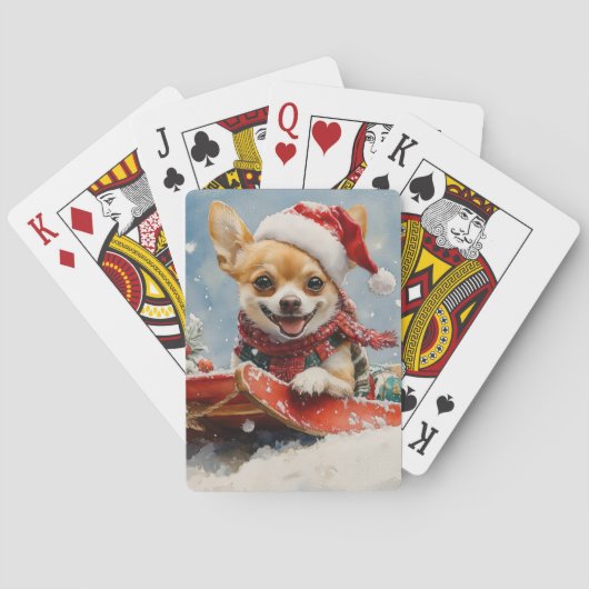 Chihuahua Hond in Sledge Laat het Sneeuw Kerstmis Pokerkaarten (Achterkant)