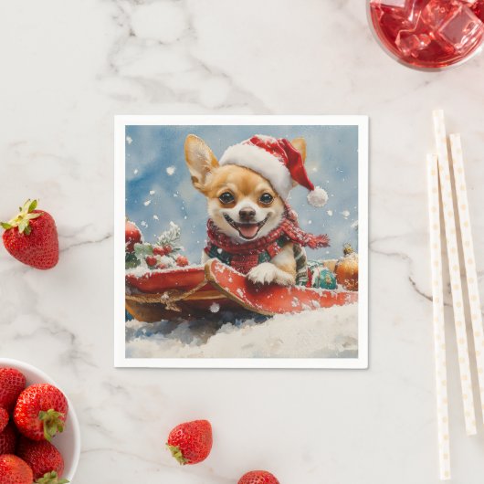 Chihuahua Hond in Sledge Laat het Sneeuw Kerstmis Servet (Insitu)