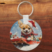 Chihuahua Hond in Sledge Laat het Sneeuw Kerstmis Sleutelhanger (Achterkant)