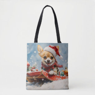 Chihuahua Hond in Sledge Laat het Sneeuw Kerstmis Tote Bag