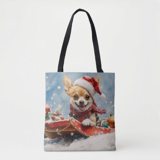 Chihuahua Hond in Sledge Laat het Sneeuw Kerstmis Tote Bag (Voorkant)