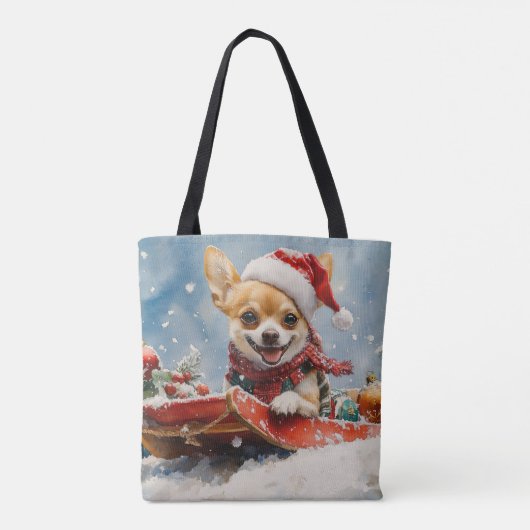 Chihuahua Hond in Sledge Laat het Sneeuw Kerstmis Tote Bag (Achterkant)