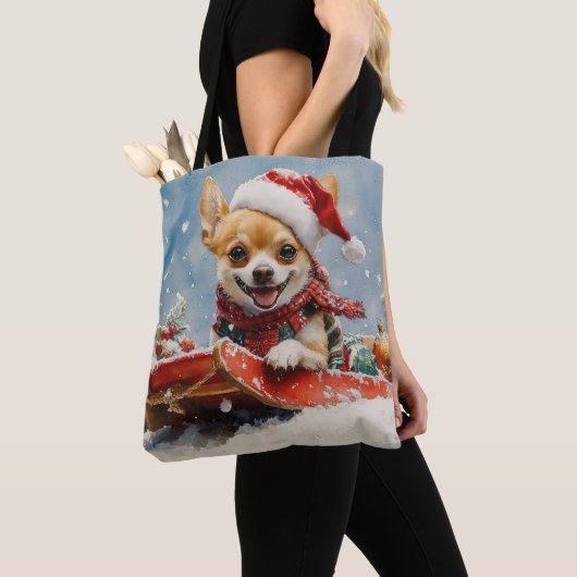 Chihuahua Hond in Sledge Laat het Sneeuw Kerstmis Tote Bag (Dichtbij)
