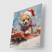 Chihuahua Hond in Sledge Laat het Sneeuw Kerstmis Vierkante Klok (Hoek)