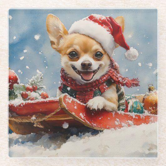 Chihuahua-hond in slee Laat het sneeuwen Kerstmis Glazen Onderzetter (Voorkant)