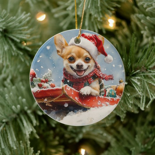 Chihuahua-hond in slee Laat het sneeuwen Kerstmis Keramisch Ornament (Boom)