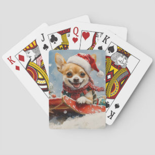 Chihuahua-hond in slee laat het sneeuwen Kerstmis Pokerkaarten
