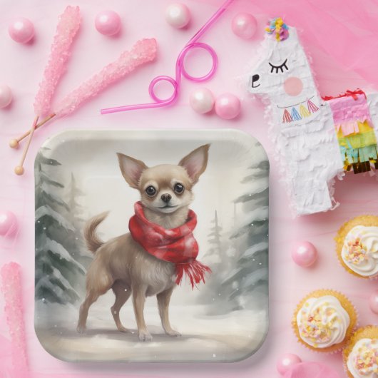 Chihuahua Hond in Sneeuw Kerstmis Papieren Bordje (Feest)