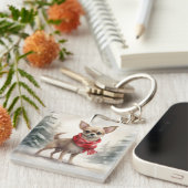 Chihuahua Hond in Sneeuw Kerstmis Sleutelhanger (Voorkant Rechts)