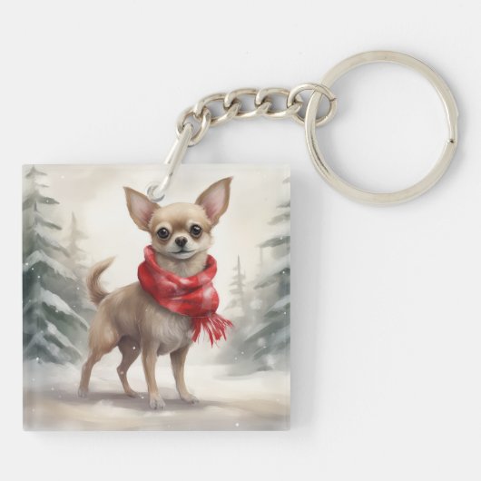 Chihuahua Hond in Sneeuw Kerstmis Sleutelhanger (Achterkant)