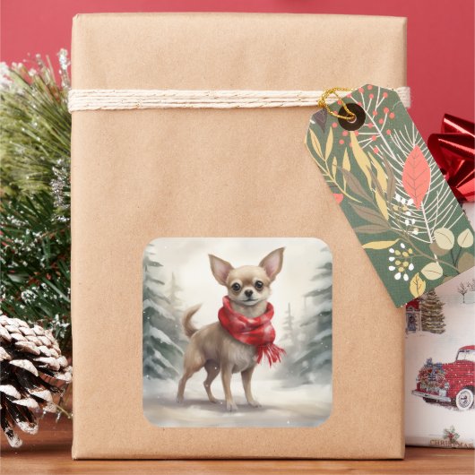 Chihuahua Hond in Sneeuw Kerstmis Vierkante Sticker (Feestdagen)