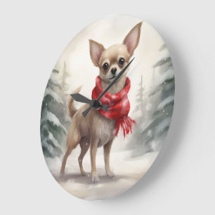 Chihuahua-hond in sneeuw met Kerstmis Grote Klok