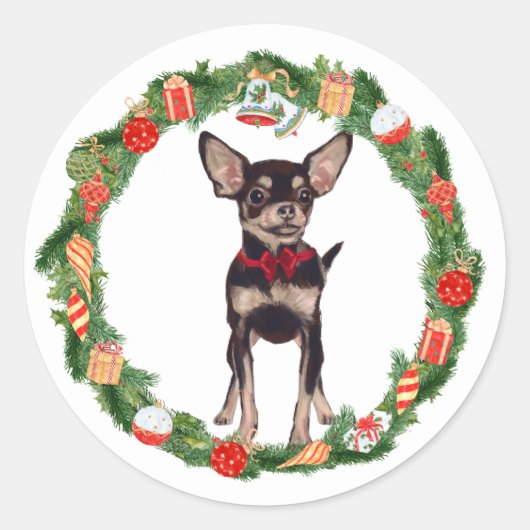 Chihuahua Hond Kerstmis Ornament Krans Ronde Sticker (Voorkant)