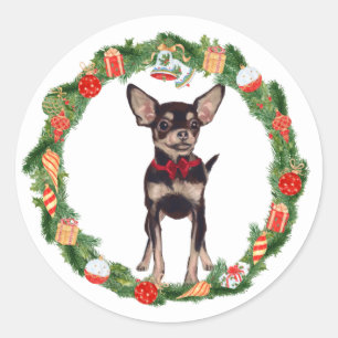 Chihuahua Hond Kerstmis Ornament Krans Ronde Sticker