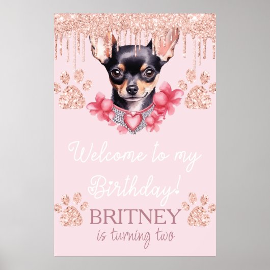 Chihuahua-hond met glitter verjaardags welkom fees poster (Voorkant)