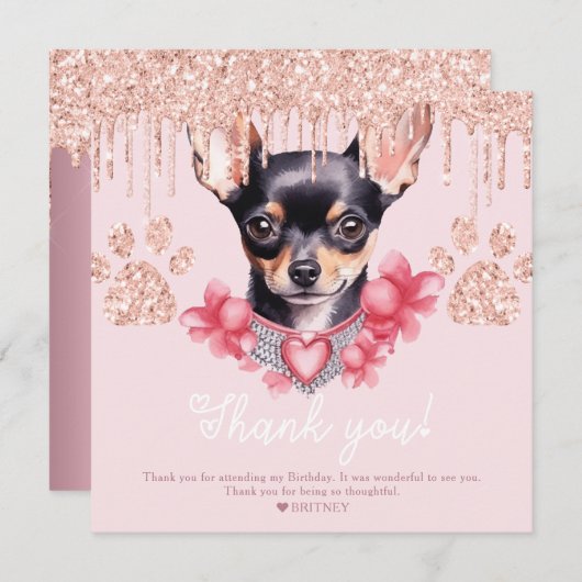 Chihuahua Hond met Glitter Verjaardagsfeestje Bedankkaart (Voorkant / Achterkant)