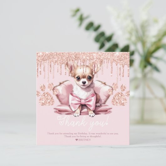 Chihuahua Hond met Glitter Verjaardagsfeestje Bedankkaart (Staand voorkant)