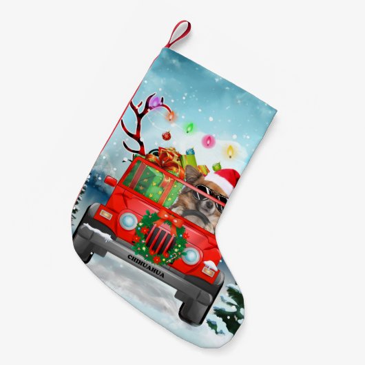 Chihuahua-hond met kerstcadeaus kleine kerstsok (Voorkant (Hangend))