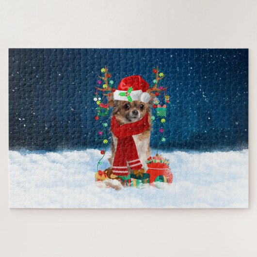 Chihuahua-hond met kerstcadeaus legpuzzel (Horizontaal)