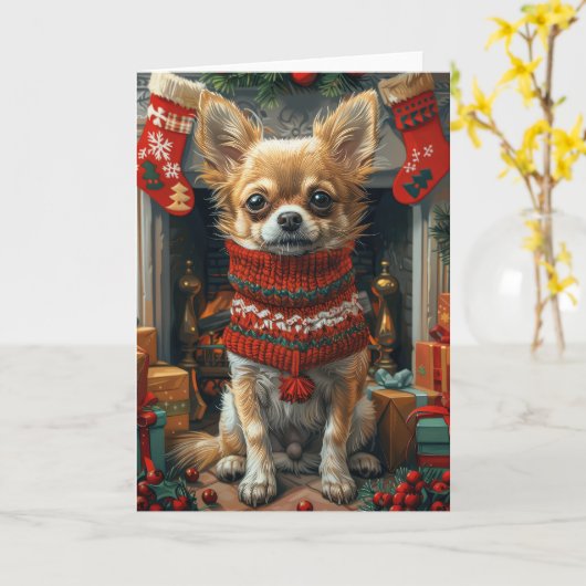 Chihuahua hond met kerstcadeaus open haard kaart (Gele Bloem)