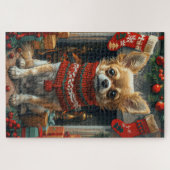 Chihuahua hond met kerstcadeaus open haard legpuzzel (Horizontaal)