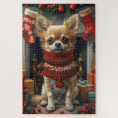 Chihuahua hond met kerstcadeaus open haard legpuzzel (Verticaal)