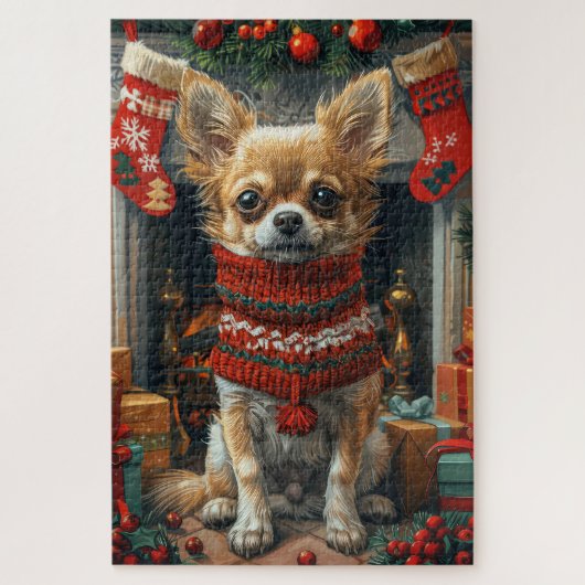 Chihuahua hond met kerstcadeaus open haard legpuzzel (Verticaal)