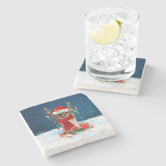 Chihuahua-hond met kerstcadeaus stenen onderzetter (Zijkant)