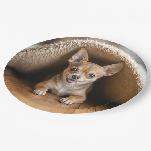 Chihuahua hond onder een tapijt papieren bordje (Gekanteld)