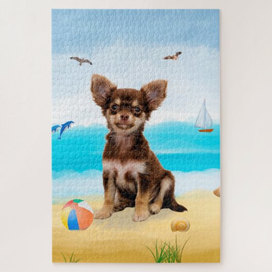 Chihuahua-hond op het strand legpuzzel (Verticaal)