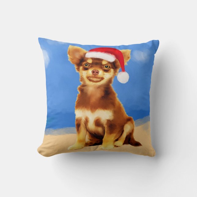 Chihuahua hond op het strand met kerst Pet Kussen (Voorkant)