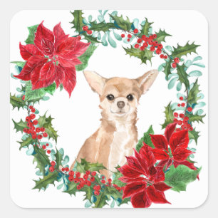 Chihuahua Hond Poinsettia Kerstkrans Vierkante Sticker