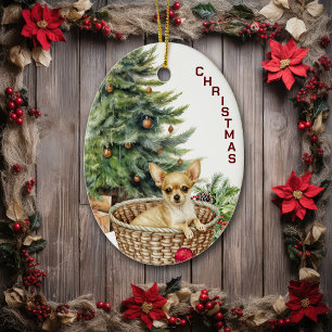 Chihuahua-hond Rieten Mand Kerstmis Keramisch Ornament