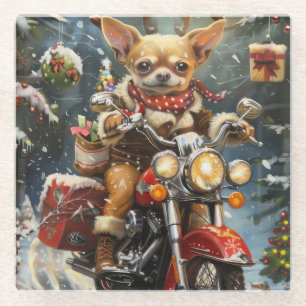 Chihuahua Hond Rijden Motorfiets Kerstmis Glazen Onderzetter