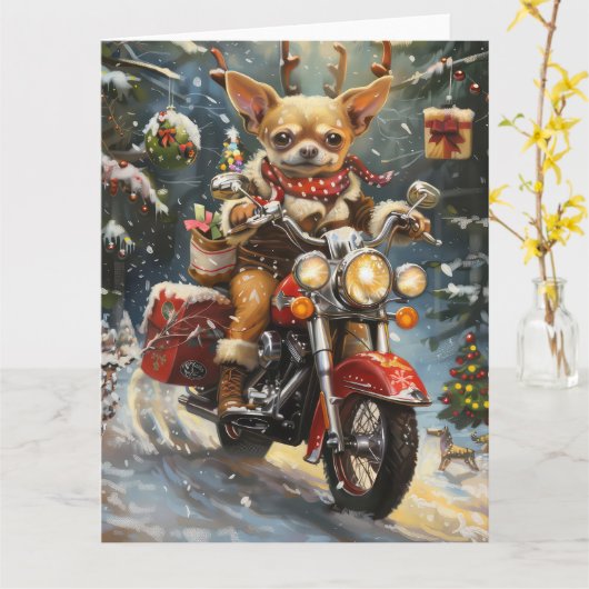Chihuahua Hond Rijden Motorfiets Kerstmis Kaart (Gele Bloem)