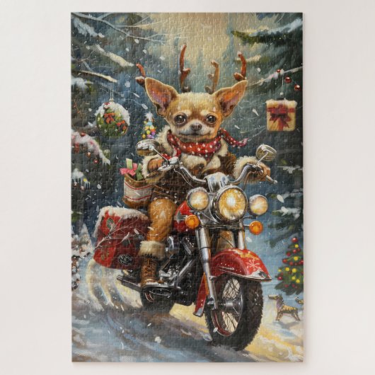 Chihuahua Hond Rijden Motorfiets Kerstmis Legpuzzel (Verticaal)