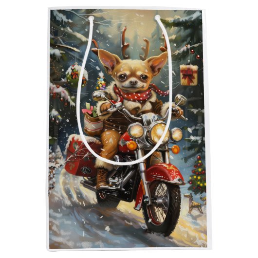 Chihuahua Hond Rijden Motorfiets Kerstmis Medium Cadeauzakje (Voorkant)