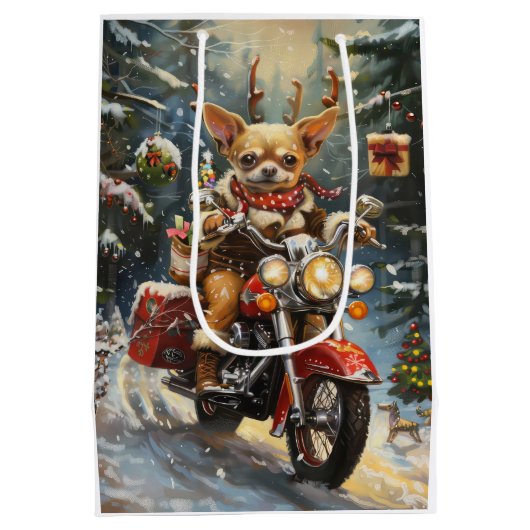 Chihuahua Hond Rijden Motorfiets Kerstmis Medium Cadeauzakje (Achterkant)